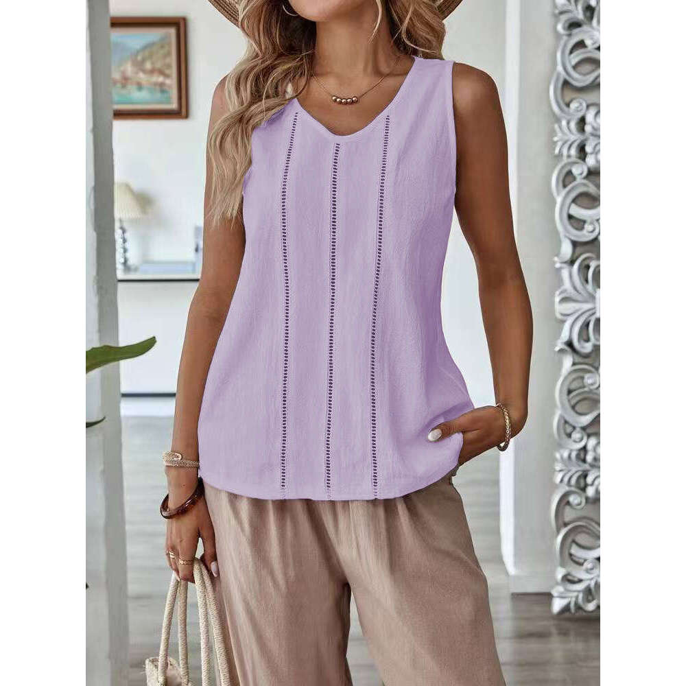Spring/Summer TEMU Lace Hollow Sleeveless Cotton Linen Casual Solid Color Women's Vest B5