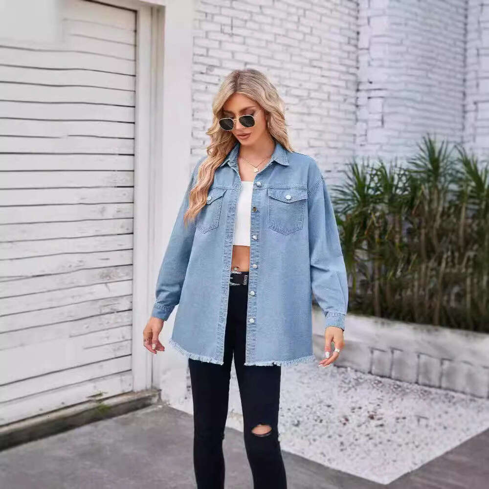 Washed Casual Solid Color Mid-Length Long Sleeve Pocket Denim Jacket For Women B5