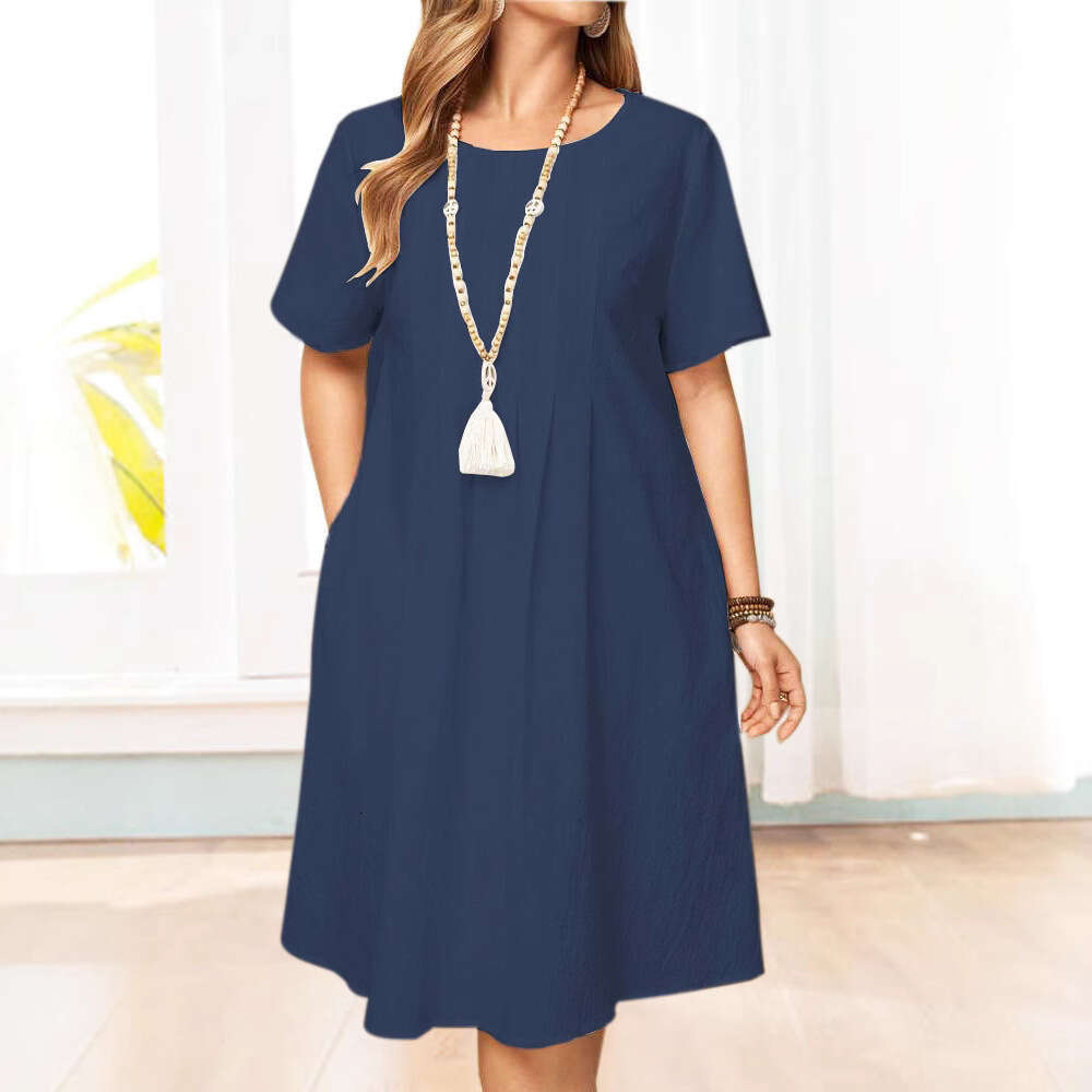 Spring Summer Loose Pocket Solid Color Round Neck Women's Cotton Linen Dress B5 b6