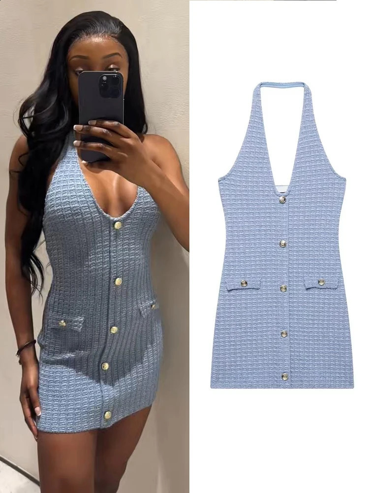 Fashion Tweed Knitted Halter Mini Dress For Women Y2K Slim Sleeveless Backless Bodycon Dress Summer Vacation Party Chic Dresses 250529