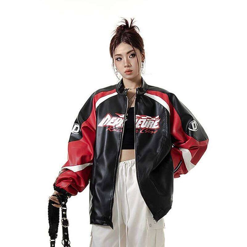 American Retro Splicing Racing Pu Leather Baseball Women Spring Autumn 2024 New Chinese Style Trendy Jacket Aesthetic
