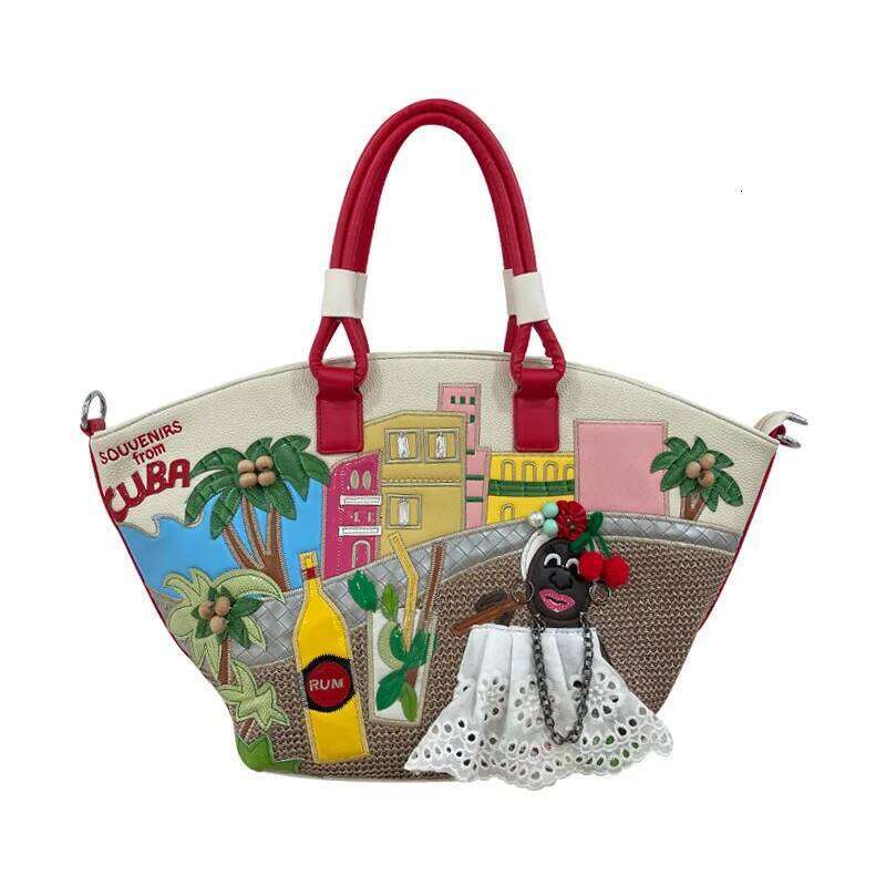 New Fashionable Handbag Large Capacity Shoulder Creative Splicing Embroidered Basket Holiday Bag Hand Bag Ladies