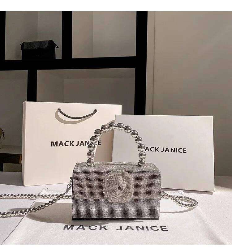 Beads Beaded Square Box Women's Handbag Glitter Rhinestones Dia Evening Wedding Party Clutch Purse Shoulder Bag