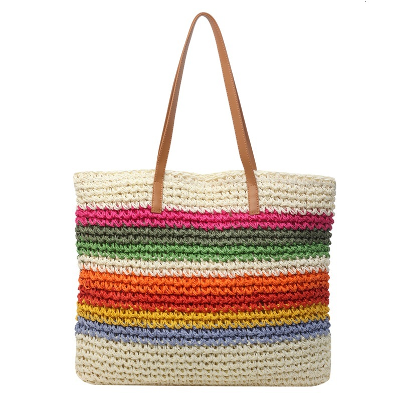 designer Rainbow Striped Straw Bag for Women 2025 New Forest Style Handwoven Beach Bag Seaside Vacation Shoulder Tote Bag