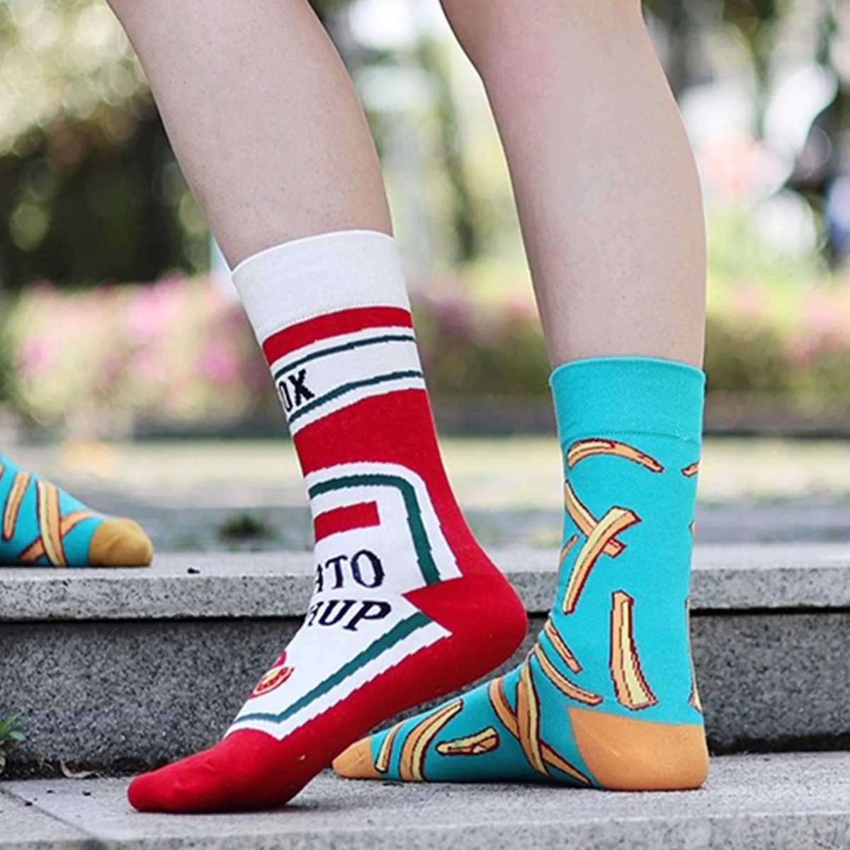 1 Pair Unisex Funny AB Style Tomato Ketchup French Fry Printed Mid-Calf Socks Suit In All SeasonsT250602