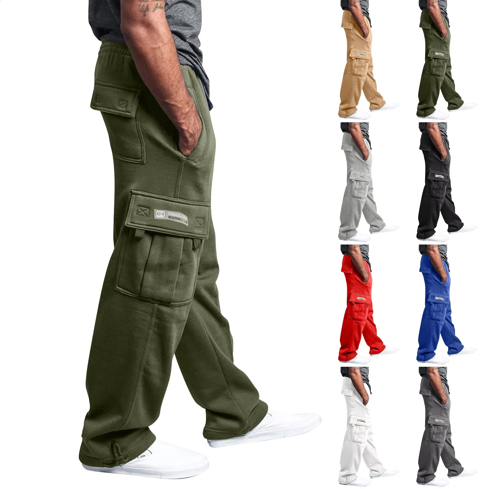 Mens Cargo Pants Rope Loosening Waist Solid Color Pocket Trousers Comfortable Loose Sports Trousers Casual Wide Leg Pants 250528