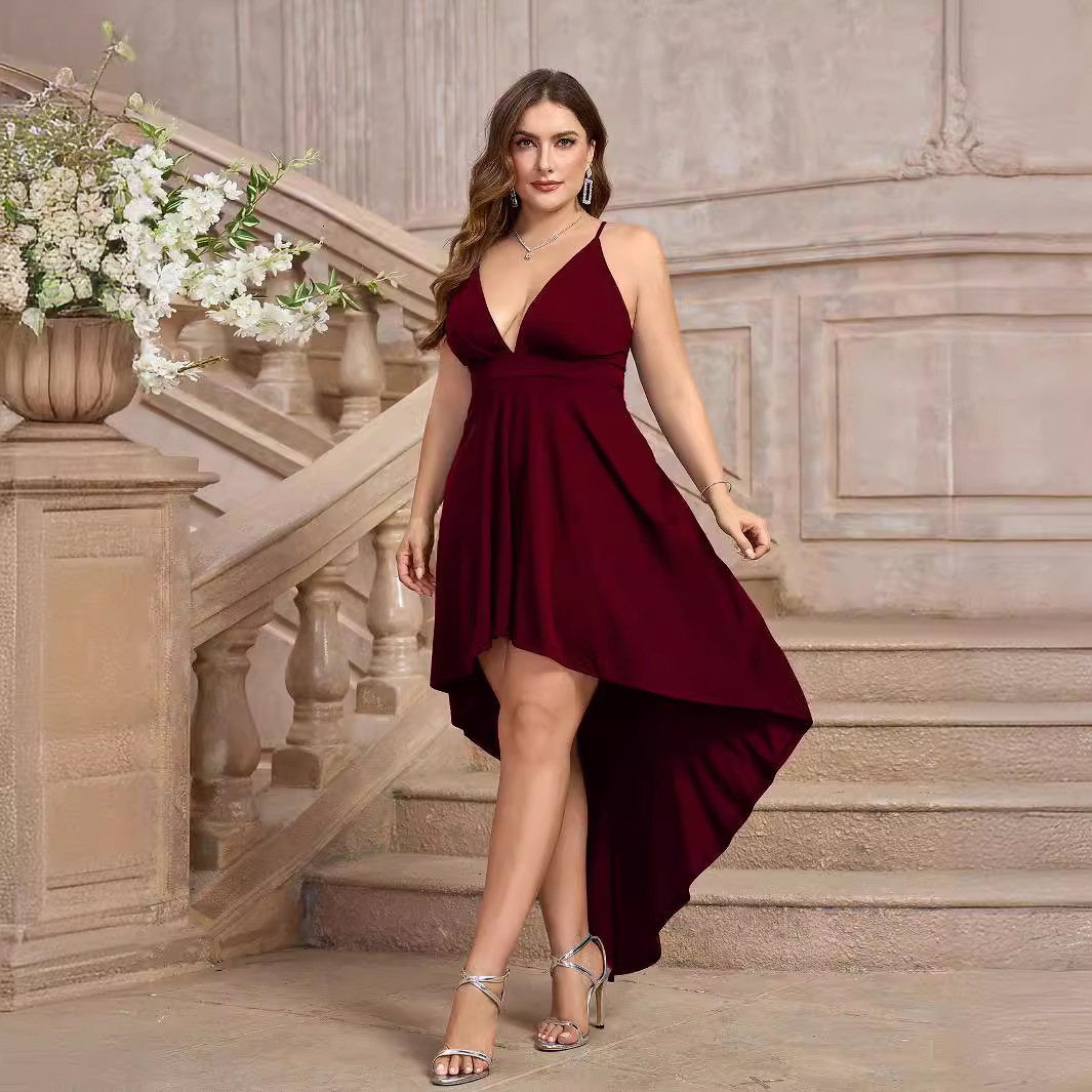 Large size dress new solid color suspender V-neck backless irregular skirt lace up dress