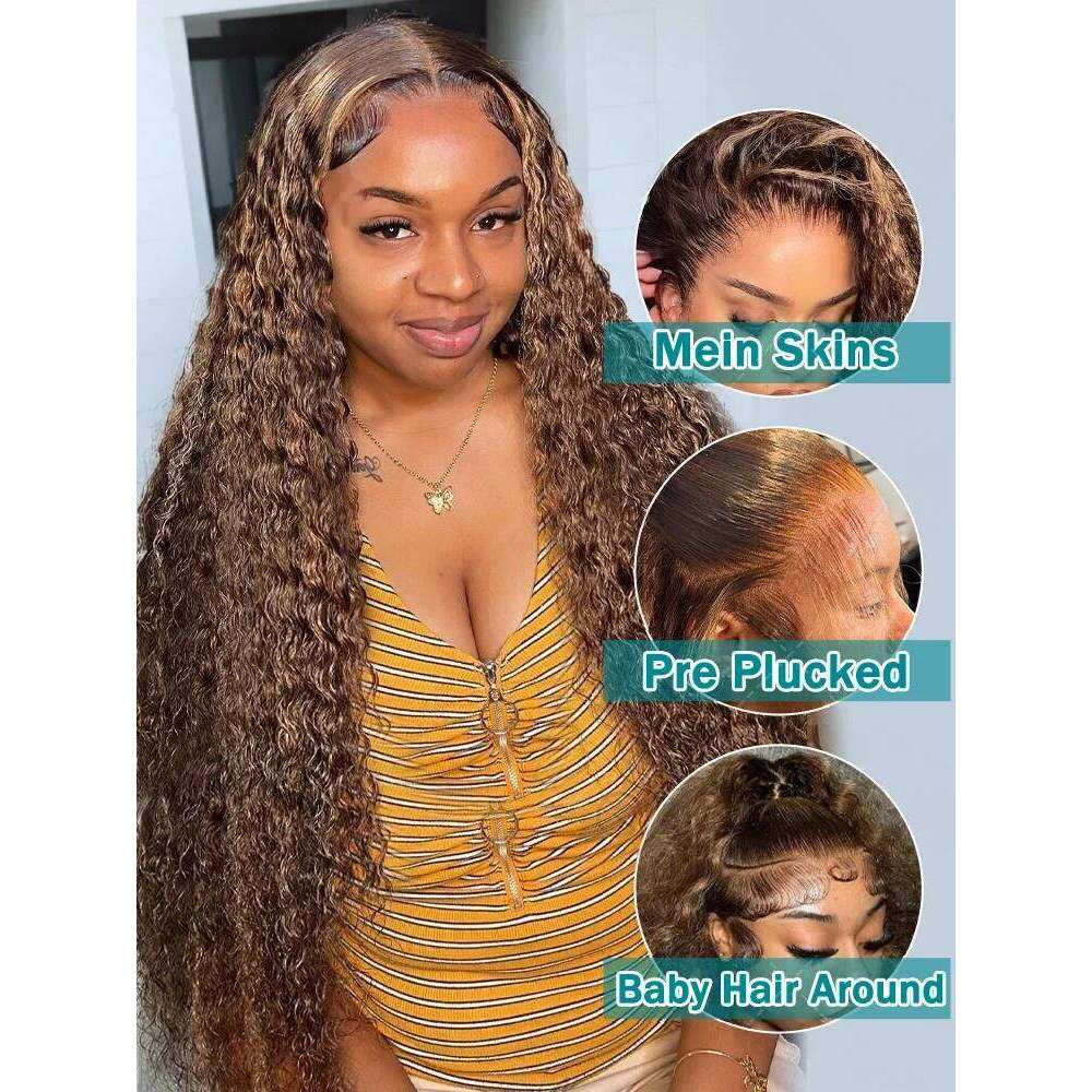 230 Density 4/27 Highlight Ombre Deep HD Front Wigs Curly 30 40 Inch Brown 13x6 Lace Frontal Human Hair Wig Water Wave