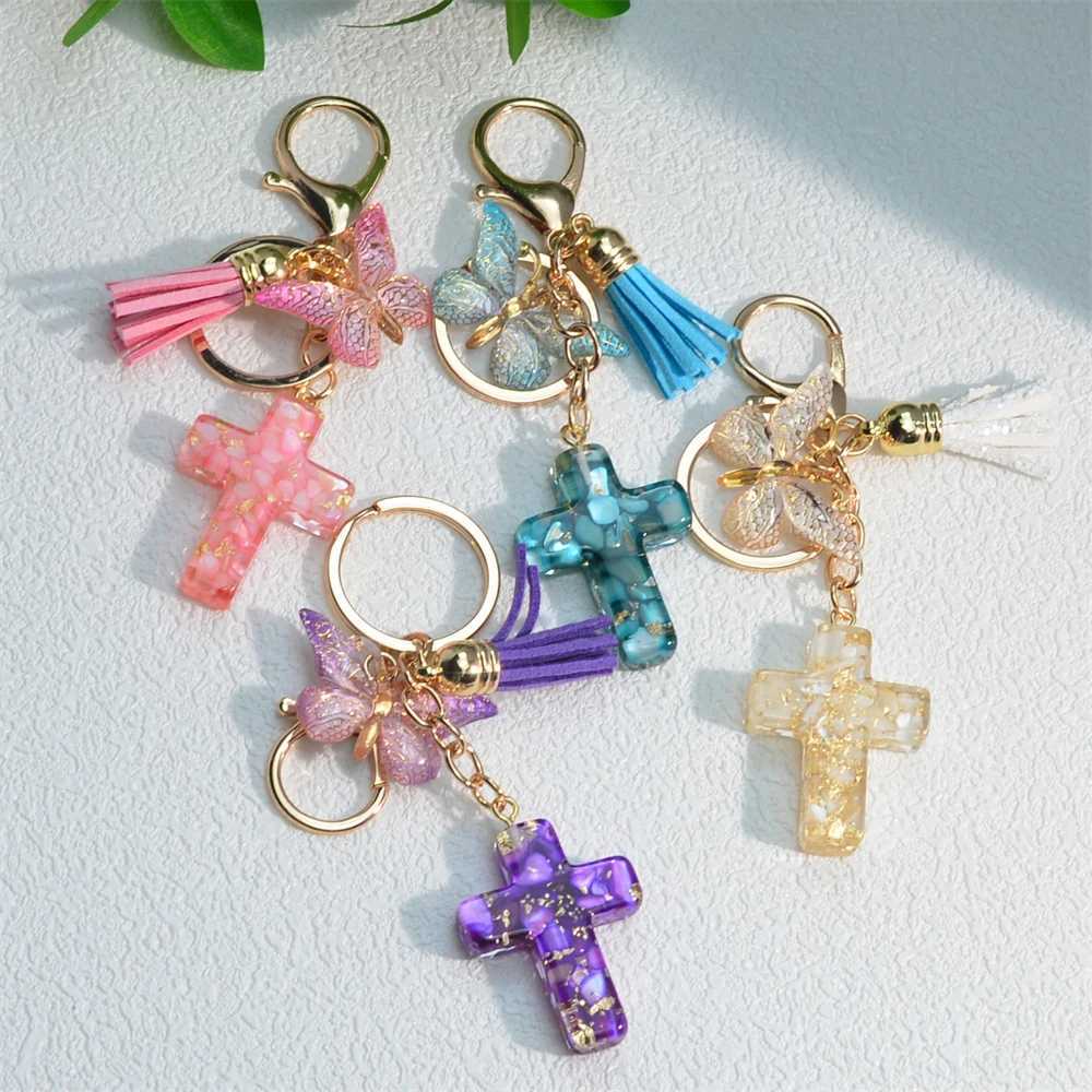 Exquisite Cross Butterfly Keychain Cute Resin Christian Cross Key Ring Purse Bag Pendant Car Key Accessories Women Party Gift M250604