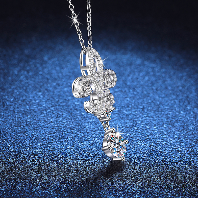 S925 Sterling Silver Moissanite Necklace with 1ct D-Color Moissanite, Crown and Iris Flower Design, Elegant and Timeless Pendant for Women