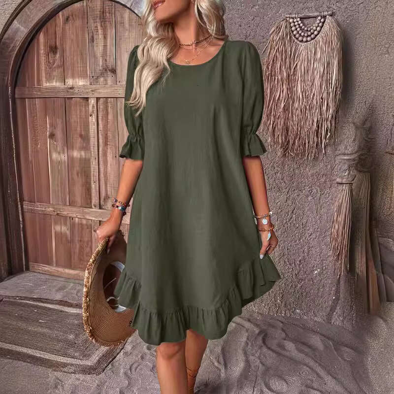 Spring Summer Women's Cotton Linen Mid-Sleeve Round Neck Solid Color Loose Fit Dress B5
