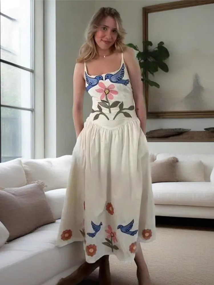 Woman Floral Embroidery Slip Dress Casual Evening Party Tube Empire Sleeveless A-line Print Robes Summer Fashion Vestido 250604