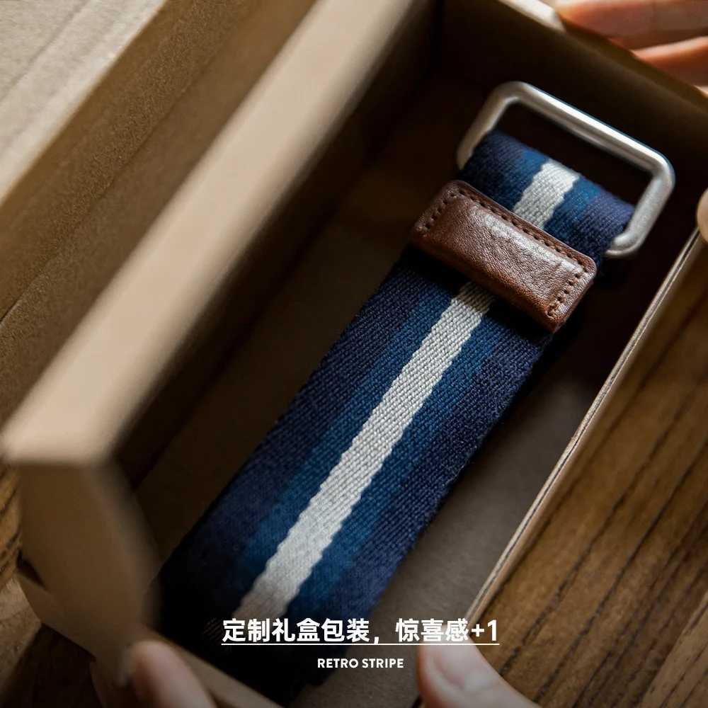 Maden Womens No-hole Blue and White Colorblocking Belts Double Ring Buckle Belt Retro Striped Woven Canvas Elastic Belt W250604