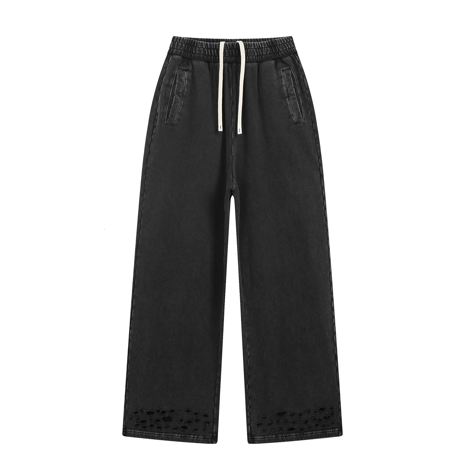Autumn/Winter Black Gray Washed Baggy Street Sweatpants Hip Hop Raw Edges Cut Crush Loose Distressed Wide Leg Joggers Men 250603