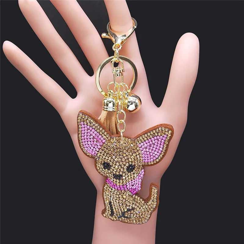 New Arrival Cute Chihuahua Dog Crystal Keychain Bag Accessories for Women Gold Color Female Keyring Jewelry llaveros para mujer K7326S01 U250604