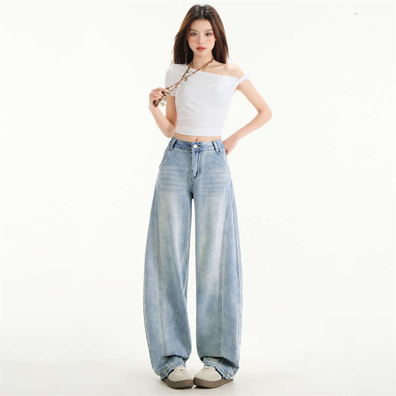 Apricot Curved Knife Wide-Leg Jeans For Women Spring Summer New High-Waist Slimming American Style Lazy Drape Banana Pants B5