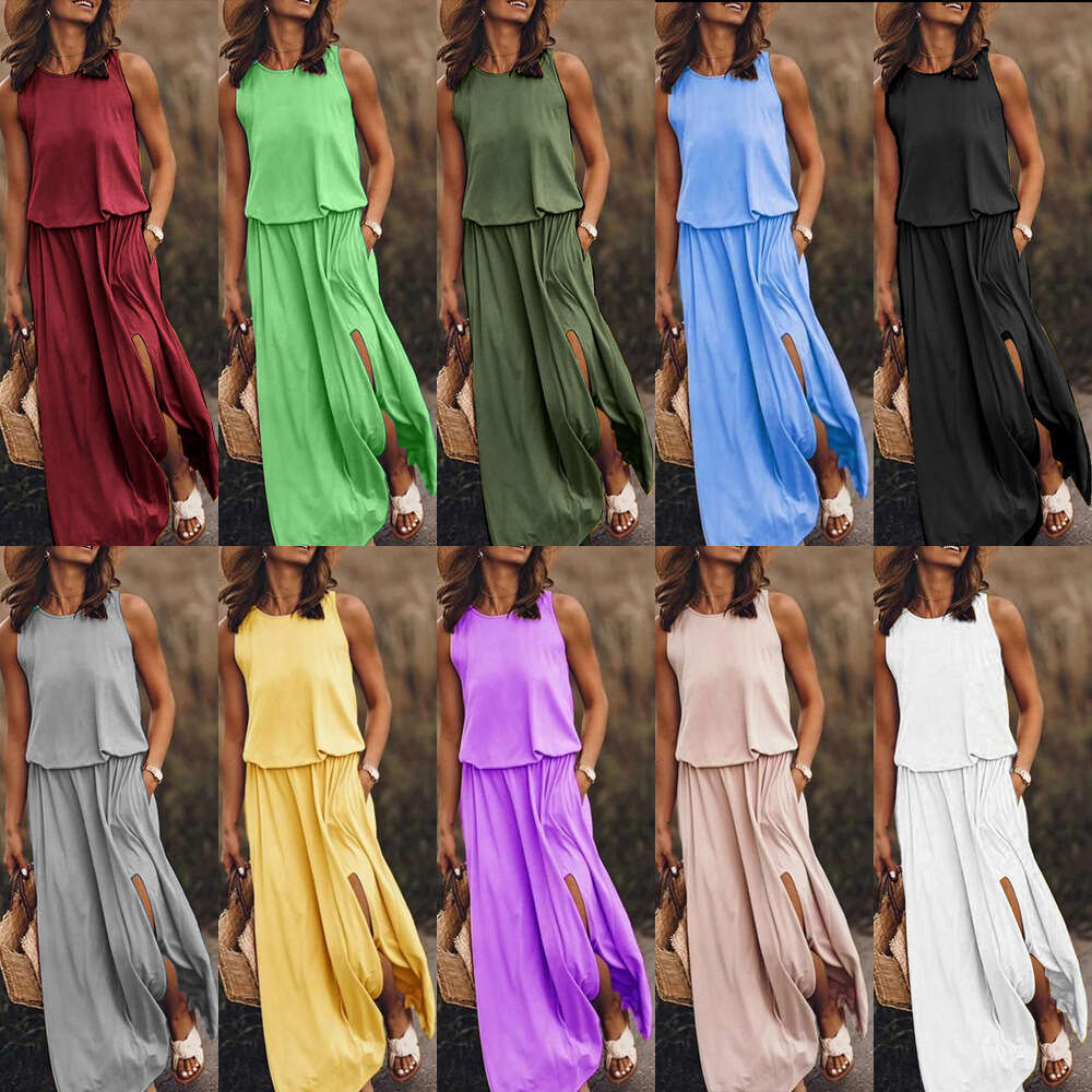 Summer New Women's Round Neck Sleeveless With Slit, Multi-Color Solid Color Long Dress B5