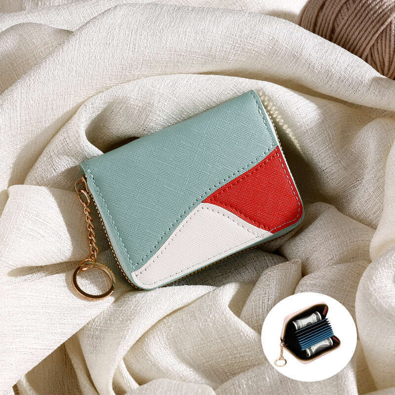 Color-Block Accordion Holder for Women, Short with Multiple Slots, Zipper Clip, Ladies' Ins Style Coin Purse Card Sleeve Trend