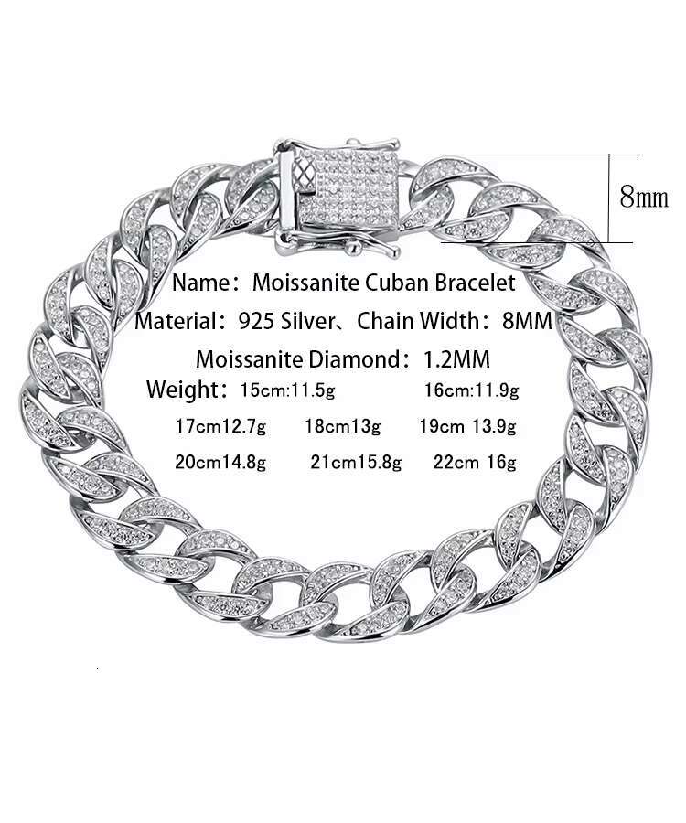 9 Hot Selling Fine Jewelry Light Luxury S925 Sterling Silver 1.2MM D Moissanite Diamond 8MM Cuban Link Chain Bracelet for Men