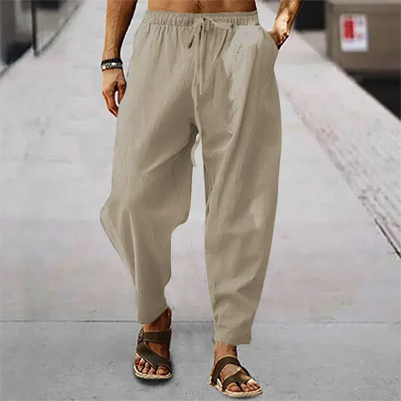 2025 Men Cotton Linen Pants Summer and Autumn Solid High Waist Wide-Leg Trousers Male Loose Hemp Casual Breathable Sports Pants 250604