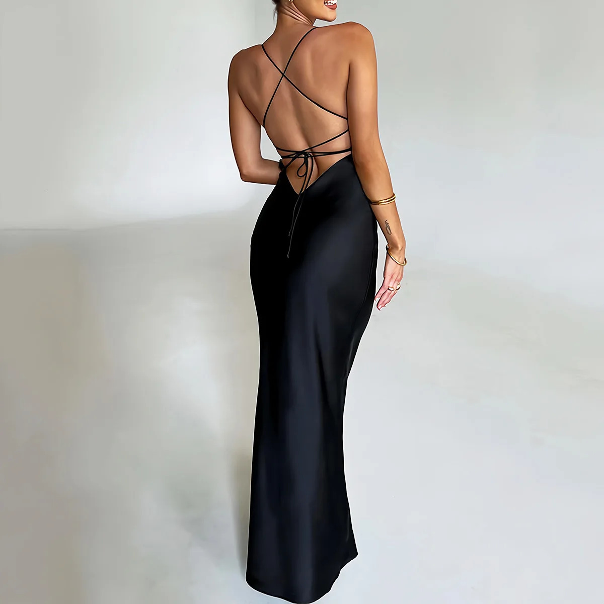 Sexy Satin Backless Lace Up Mermaid Slip Dress Women Sweetheart Neck Sexy Slim Bodycon Dresses Elegant Silk Gown Partywear 250604