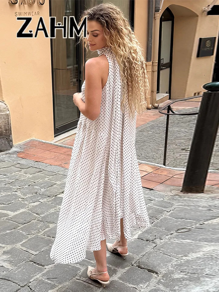 Elegant Polka Dots Halter Ribbons Dress Women Loose Sleeveless Scarf Irregular Long Dresses Female Summer Lady Robes 250604