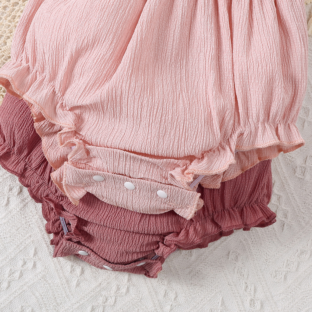 Two Pieces Girls' Fashion Pure Pink Color Baby Onesie Set with Soft Fabric & Stringy Selvedge Triangle Romper for Summer Outdoors