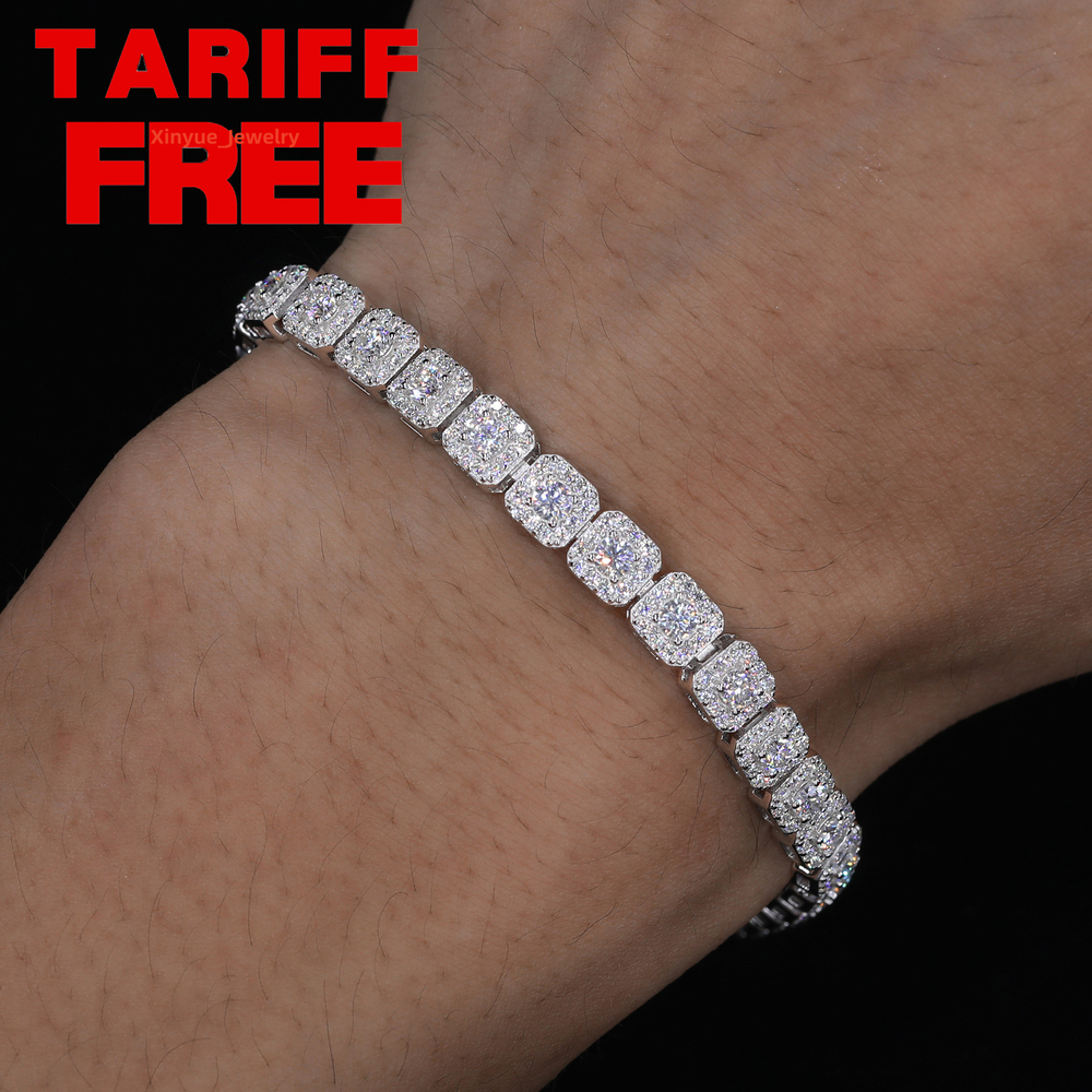 Sparkling 6mm Moissanite Halo Tennis Bracelet High Quality White Gold Non Fade 925 Sterling Silver Hip Hop Jewelry for Men