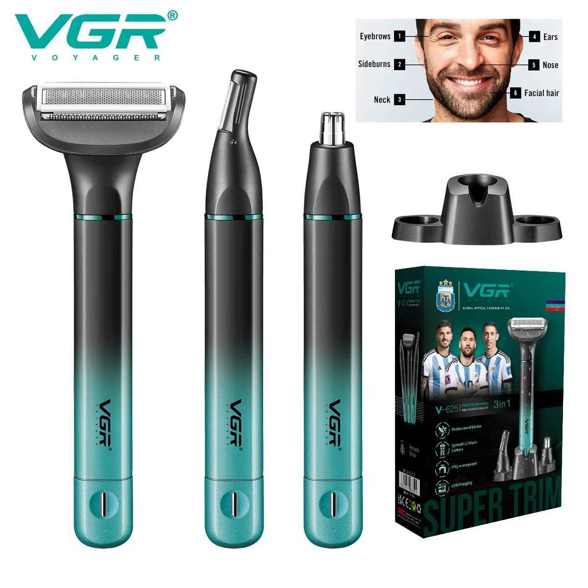 VGR 3in-1 Mens Razors Hair Trimming Set Rechargeable Professional Foil Shaver Portable Nose Hair Ear Hair Eyebrow Trimmer 625XJ250604