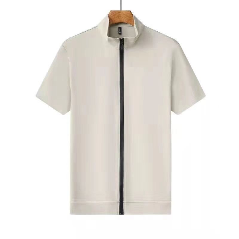 Mens cardigan zippered standing neck short sleeved summer cool lightweight comfortable breathable short sleeved casual trend half sleeved shirt 250226