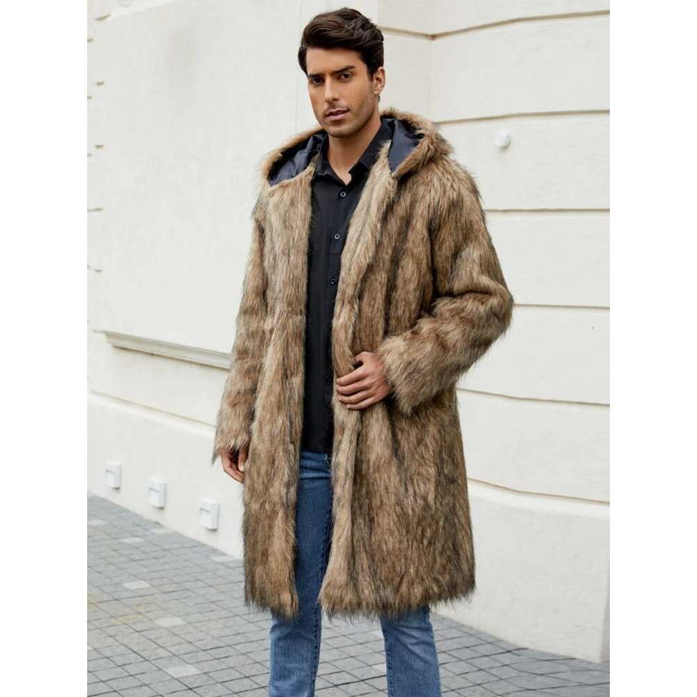 Faux Fur Coat Men Warm Loose Long Coats Hoodies Full Sleeve Midi Waist Thick Jackets Elegant Male Jacket Autumn Winter