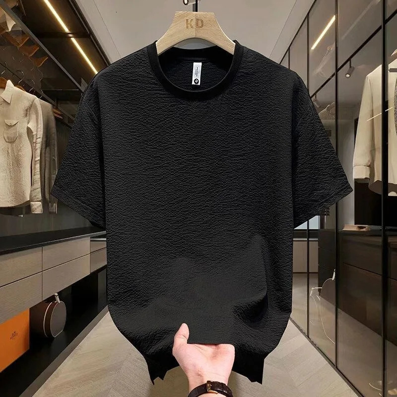 Texture Senior Summer Men T Shirts Round Neck Casual Solid Color Korean Breathable Short Sleeve Men Tops Outwear 250604