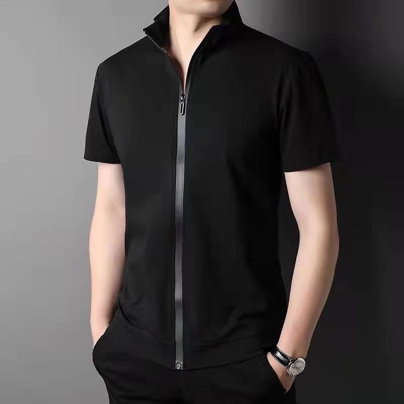 Mens cardigan zippered standing neck short sleeved summer cool lightweight comfortable breathable short sleeved casual trend half sleeved shirt 250226