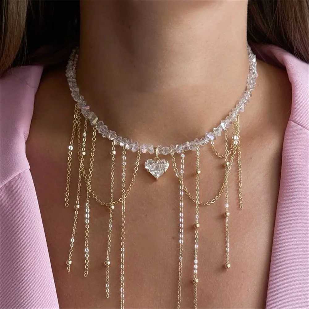 Fashion Vintage Tassels Zircon Heart Pendant Necklace For Women Female Boho Geometric Baroque Transparent Crystal Chain JewelryXJ250604