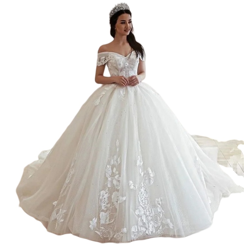 Elegant Off Shoulder Wedding Dresses robe de mariee Lace Up With Lace Appliqued Princess Bridal Gown Court Train Tulle Vestido De Noiva