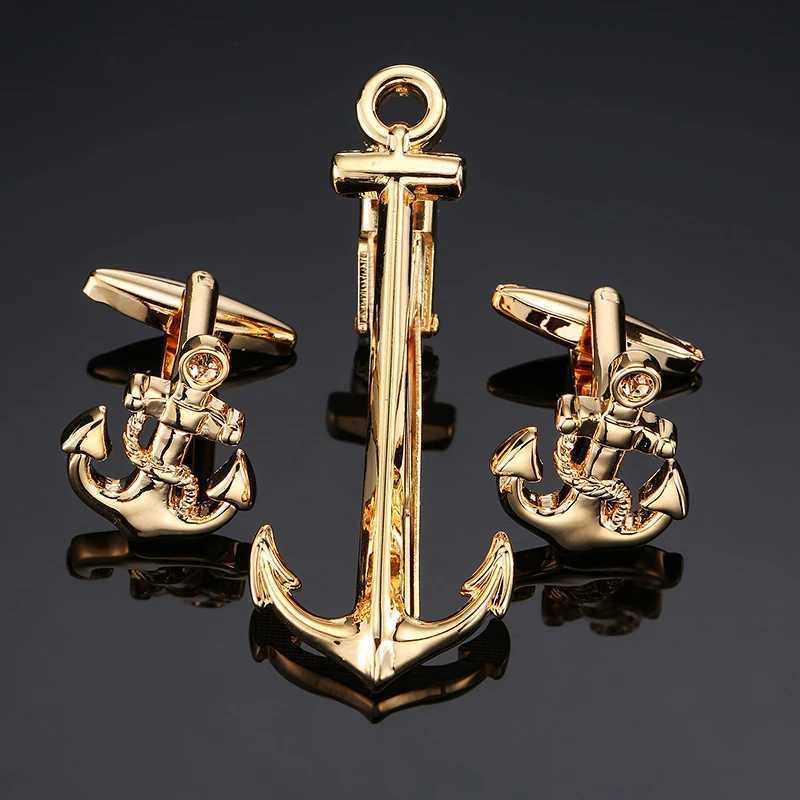 Classic Mens French Shirt Cufflinks Tie Clip Set High-Quality Shining Ship Anchor Clip Cuff Buttons Suit Accessories Jewelry W250604