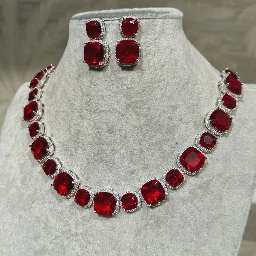 Fashion Red Square Crystal Necklace Earrings Set Party 2024 Trend Large Bridal Jewelry Set for Women Decoration 250530
