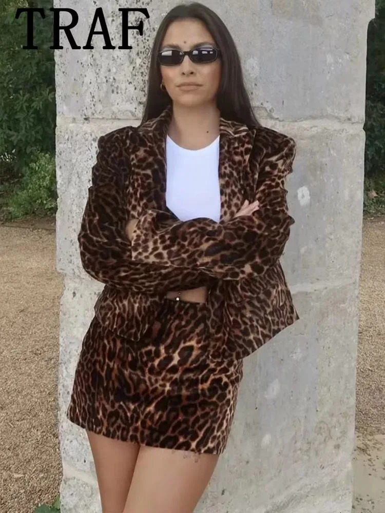 Fashion Long Sleeve Blazers Top Women 2 Pieces Leopard Printed Mini Skirt Sets Suit Two Piece Set Outfit 250604Z