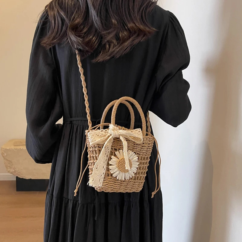 Lace Bow Straw Weave Womens Handbag Casual Crossbody Bag Small Bucket Tote Summer Beach Bag 250530