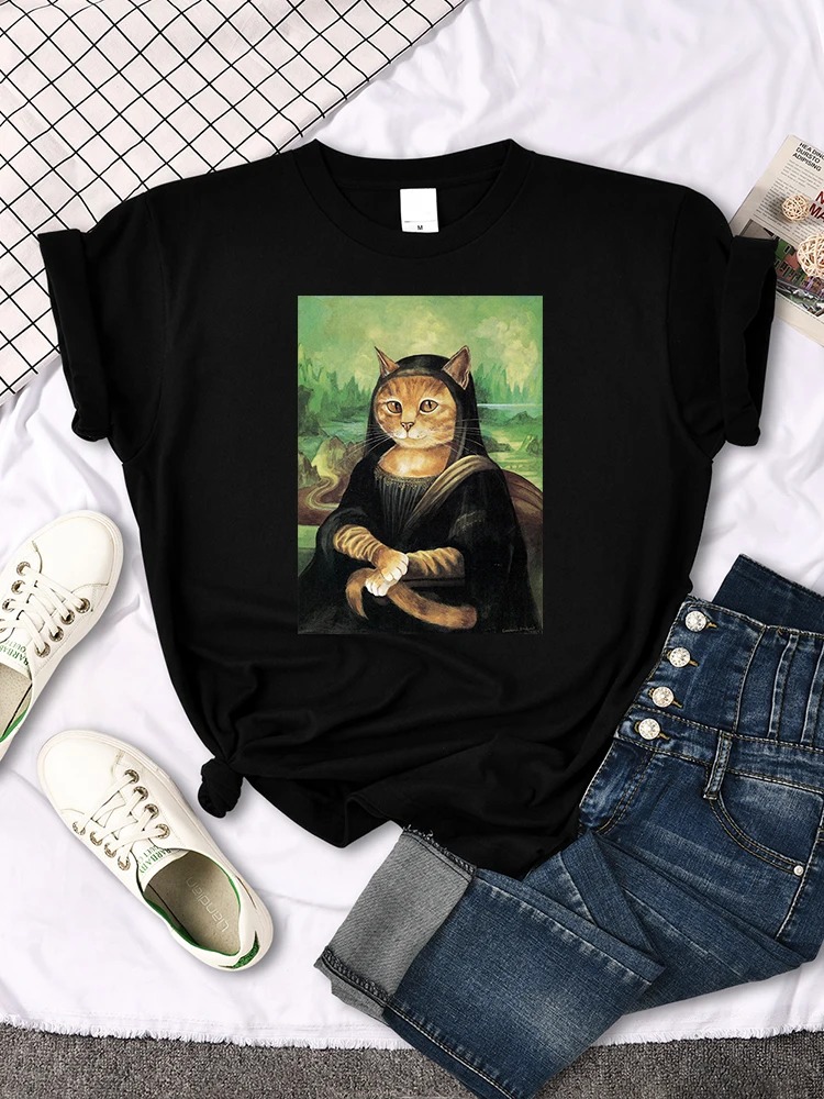Mona Lisa T Shirts Funny Cat Lovely Cute Printed Designer T-Shirt For Women'S Crewneck Gothic Women Tshirt Casual Oversize Tee Shirts