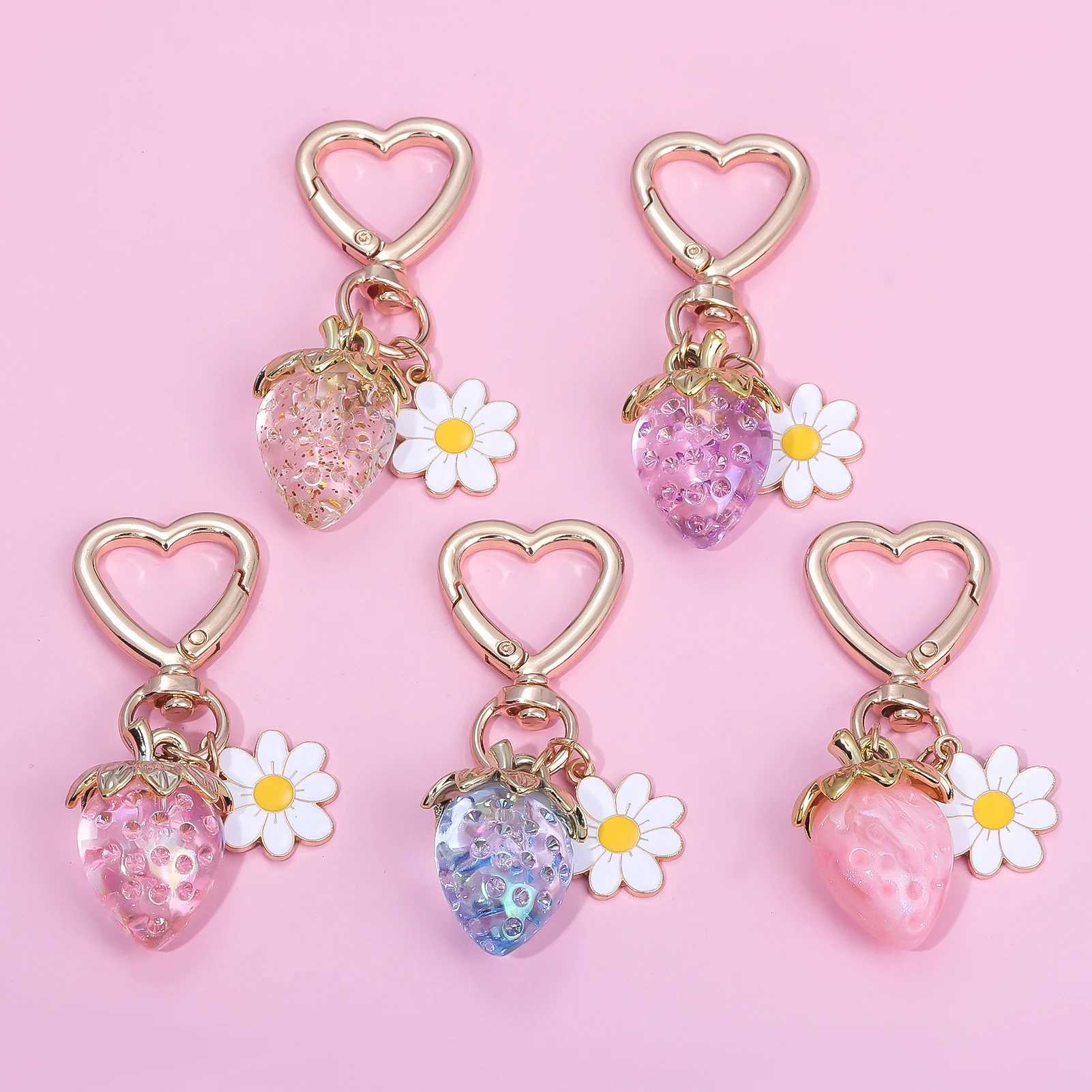 Cute Strawberry Bag Pendant Keychain Kawaii Heart Flower Daisy Key Chain for Women Girls Bag Purse Pendant Accessories Gift M250604