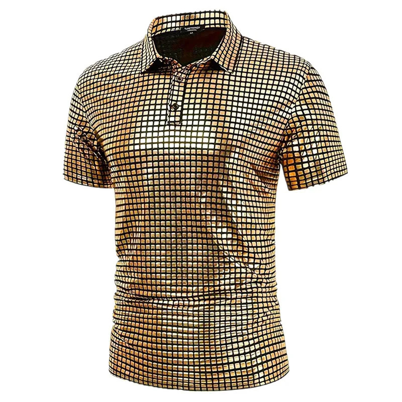 Fashion Men Short Sleeved Checkered Breathable Polo Shirt Red Blue Gold Homme High Street Casual Small Stretch Pullover Tops 250604Z