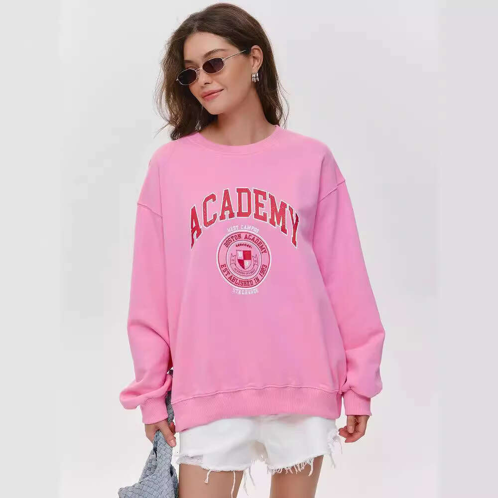 American West Coast Letter Print Crewneck Pullover Sweatshirt Trendy Dopamine Color Gradient Draped Long Sleeve Top For Women B5