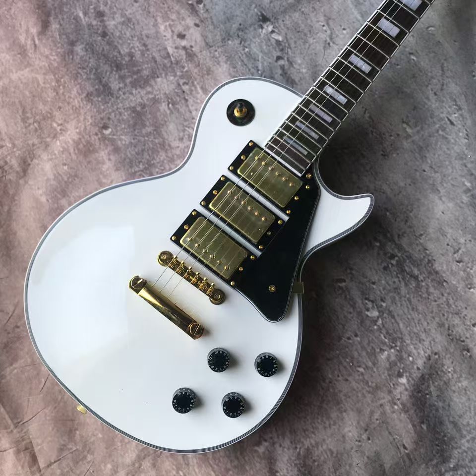 Three-Pickup Solid Body White Electric Guitar Available for Personalization