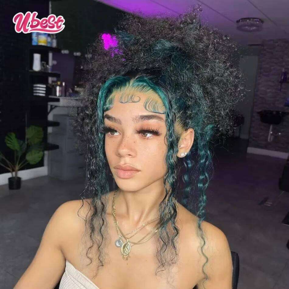 Ubest 13X6 Transparent Front Wigs Curly 100% Human Hair Ombre Dark Green Colored 5X5 Lace Closure Wig Pre Plucked For Women