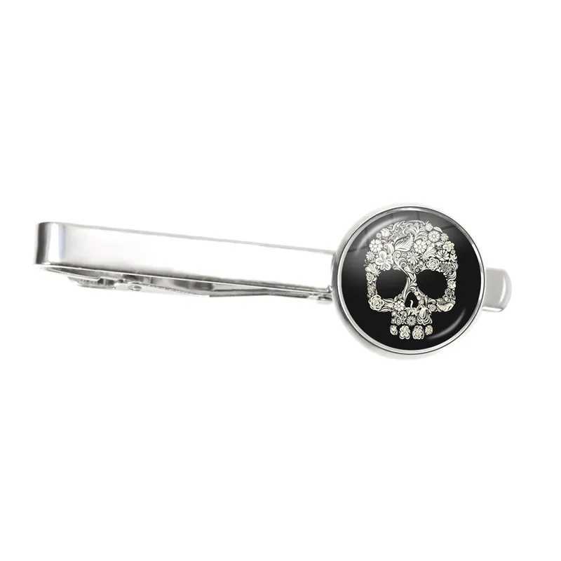 Vintage Skeleton Men Tie Clips Round Glass White Skull Design Tie Clips Wedding Gift Shirt Suit Fashion Jewelry Accessories W250604