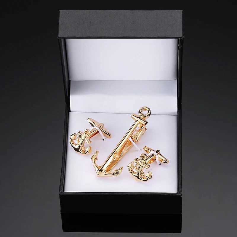 Classic Mens French Shirt Cufflinks Tie Clip Set High-Quality Shining Ship Anchor Clip Cuff Buttons Suit Accessories Jewelry W250604