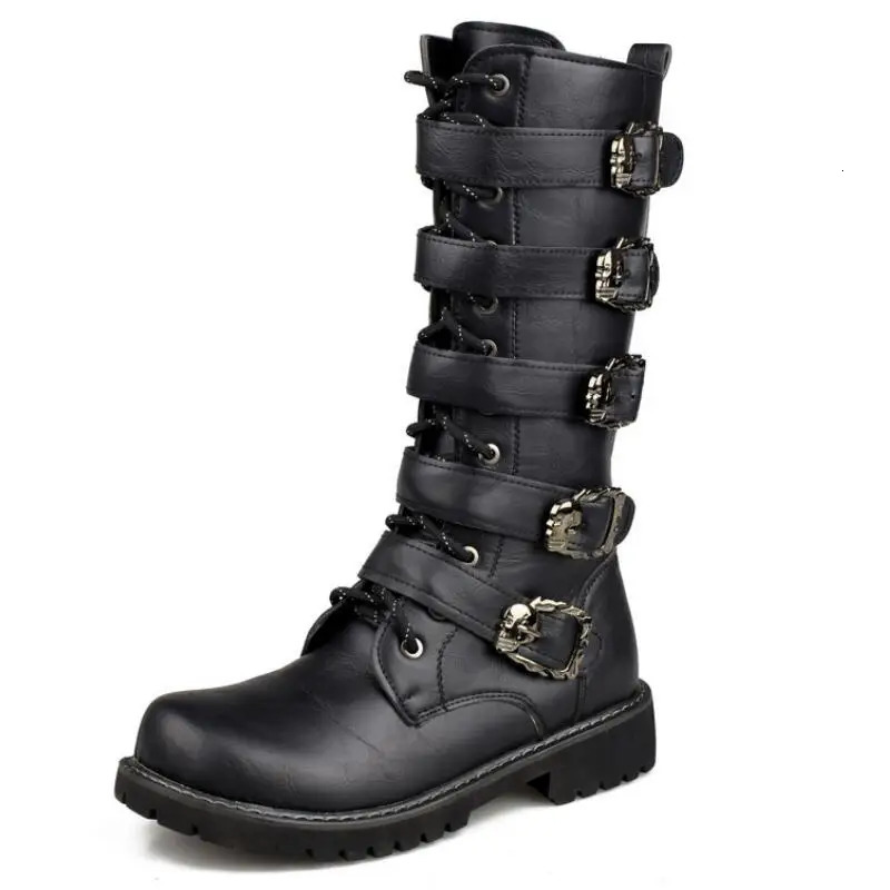 Large Size 38-46 Mens PU Leather Motorcycle Boots Mid-calf Breathable Combat Boots Gothic Belt Punk Boots Men Rock Punk Shoes 250528