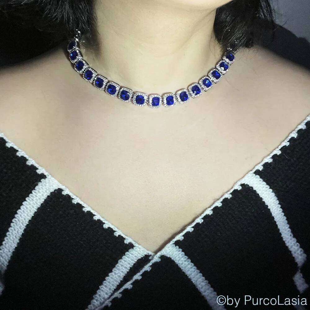 Fashion Royal Blue Women Men Tennis Cuban Chain Necklace Link Hip Hop Square Bling AAA Rhinestone Glass Jewelry