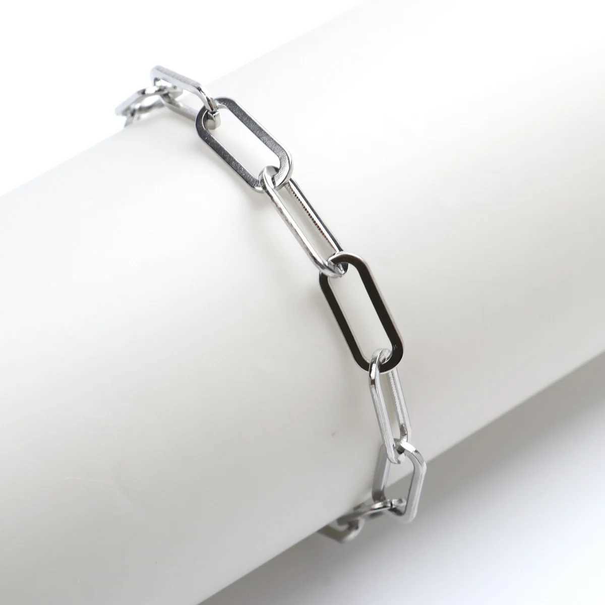 New Fashion 304 Stainless Steel Paperclip Chains Bracelets Metal Hand-Chain For Women Men Jewelry Gifts 18.5cm long 1 Piece M250604